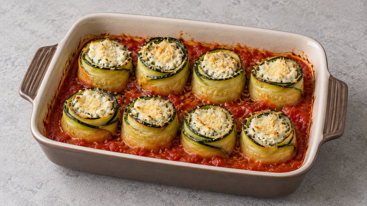 Involtini di zucchine in piedi con ricotta bianca in salsa rossa