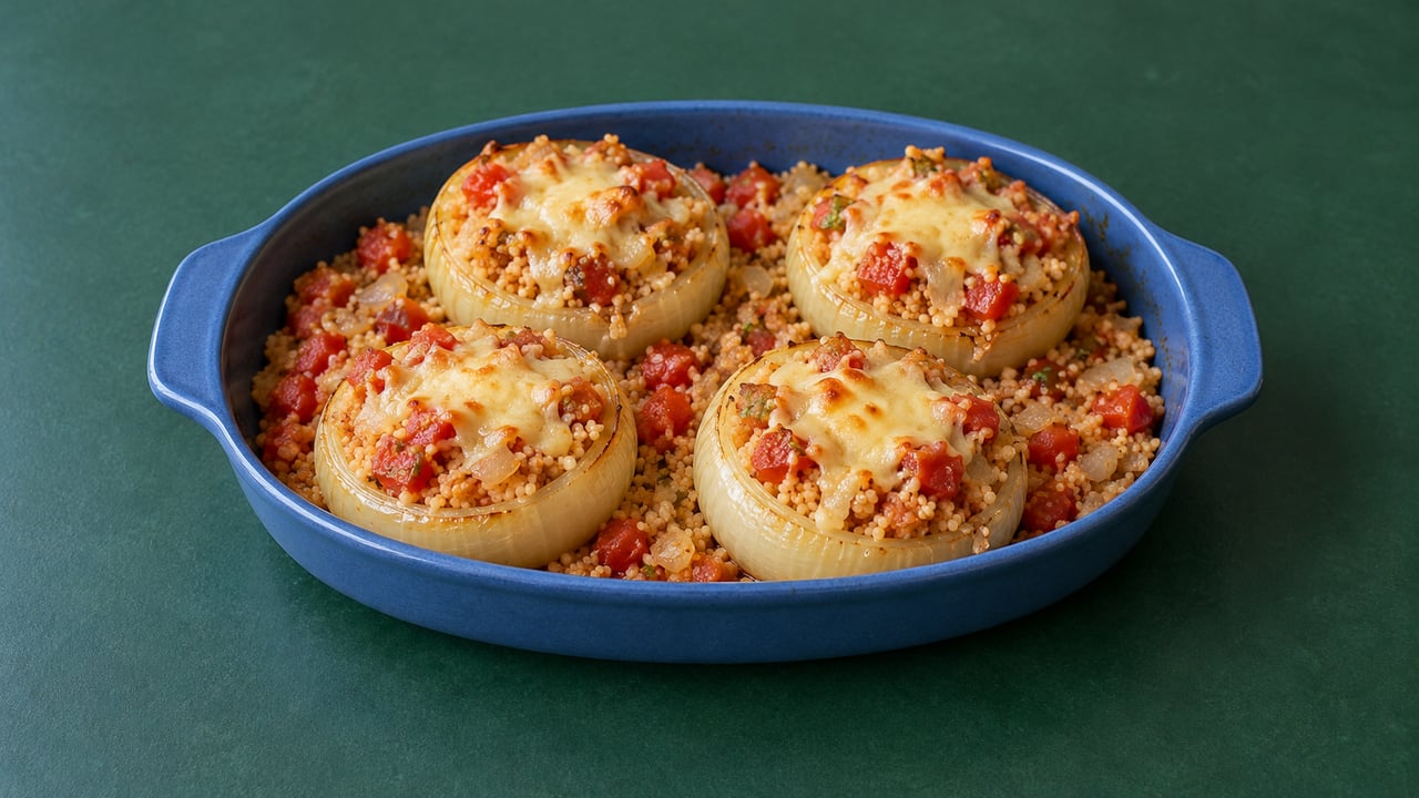 Metà cipolle con couscous e pomodoro, formaggio fuso