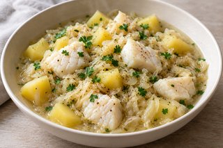Pezzi di pesce bianco opaco con patate, crauti e prezzemolo in una ciotola con brodo leggero