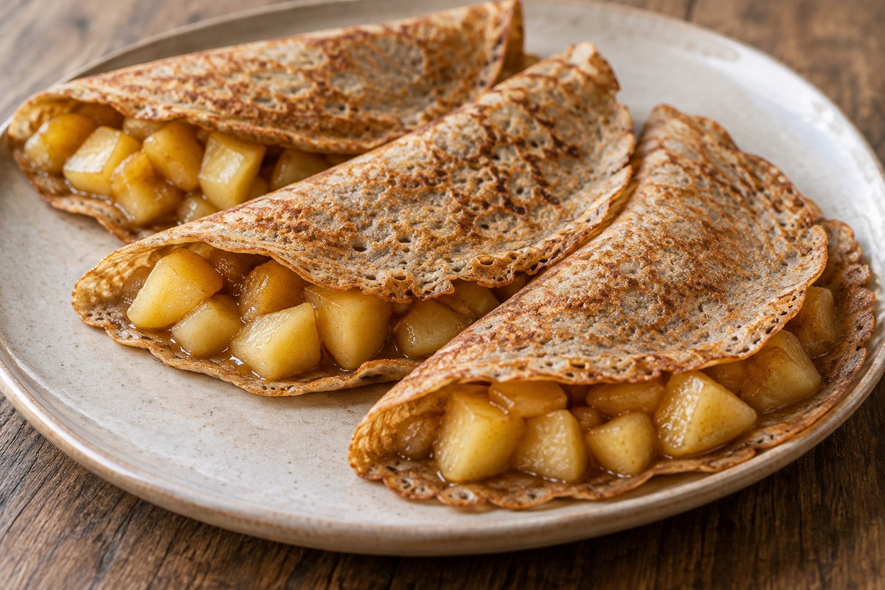 Dünne gefaltete Buchweizen-Crêpes mit gegarten Apfelwürfeln auf einem Teller ohne zusätzliche Toppings