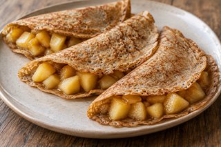 Dünne gefaltete Buchweizen-Crêpes mit gegarten Apfelwürfeln auf einem Teller ohne zusätzliche Toppings