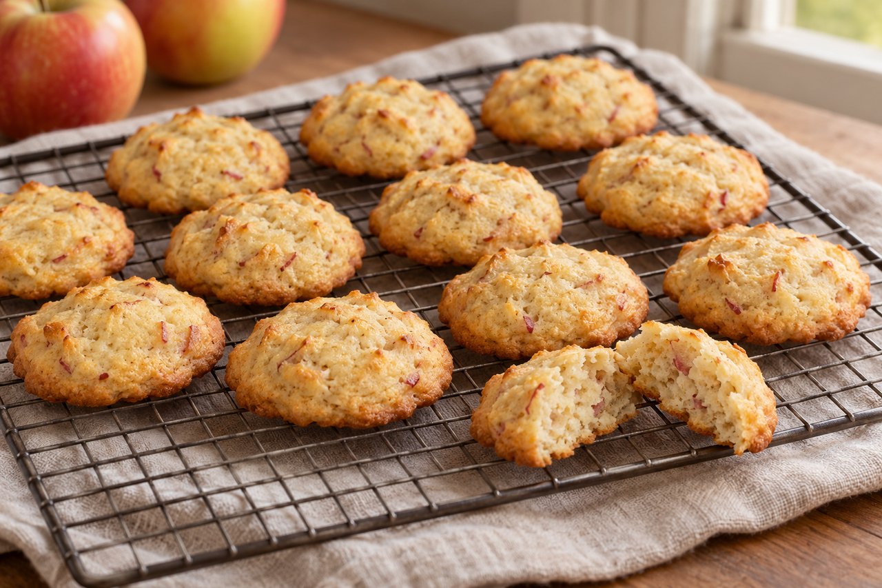 Biscotti chiari e morbidi di mela e farro spelta con bordi dorati e piccoli pezzi di mela, senza glassa