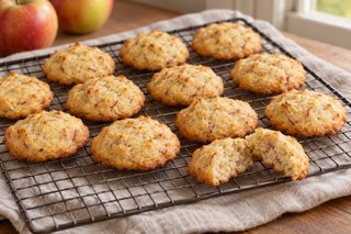 Galletas claras y blandas de manzana y espelta con bordes dorados y trocitos de manzana, sin glaseado