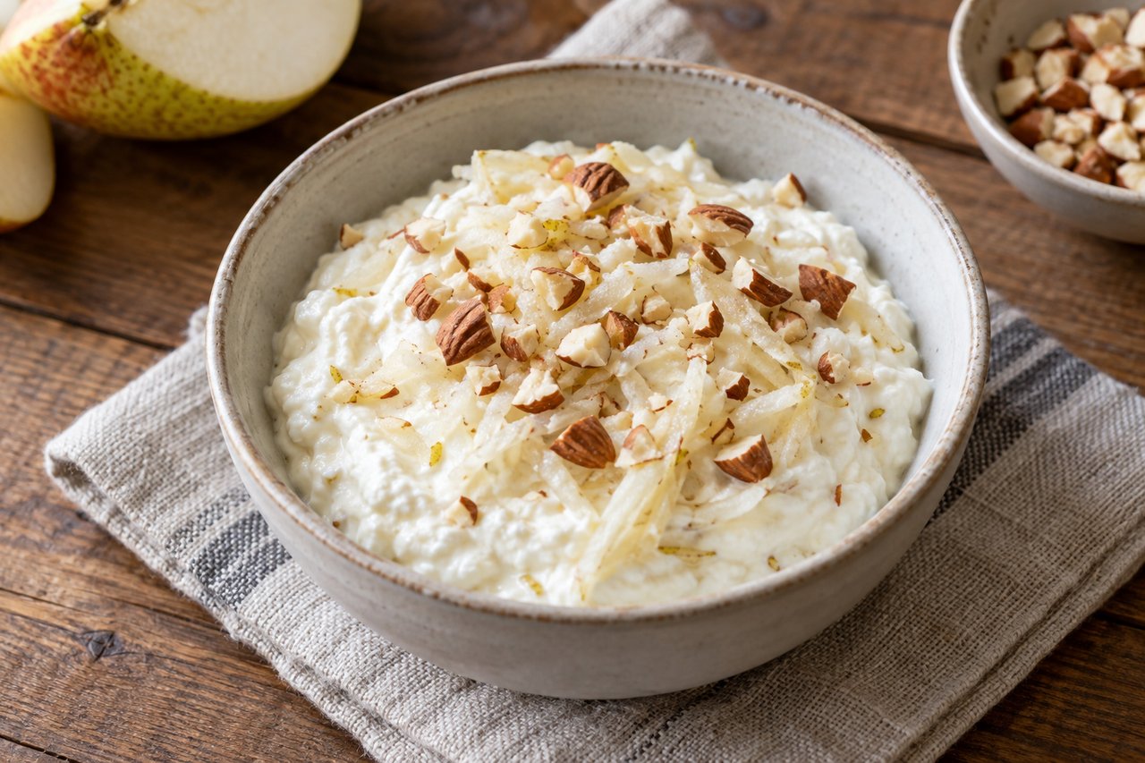 Quark claro con pequeños trozos de pera y almendras picadas en cuencos