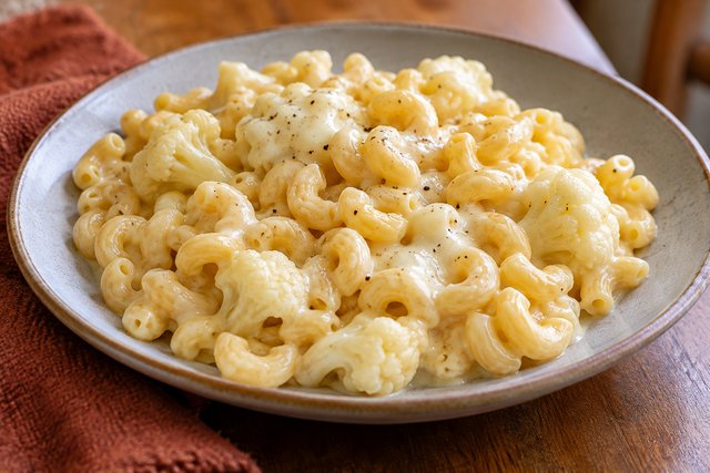Kurze Makkaroni und kleine Blumenkohlröschen mit heller, glatter Senf-Gouda-Sauce auf einem Teller