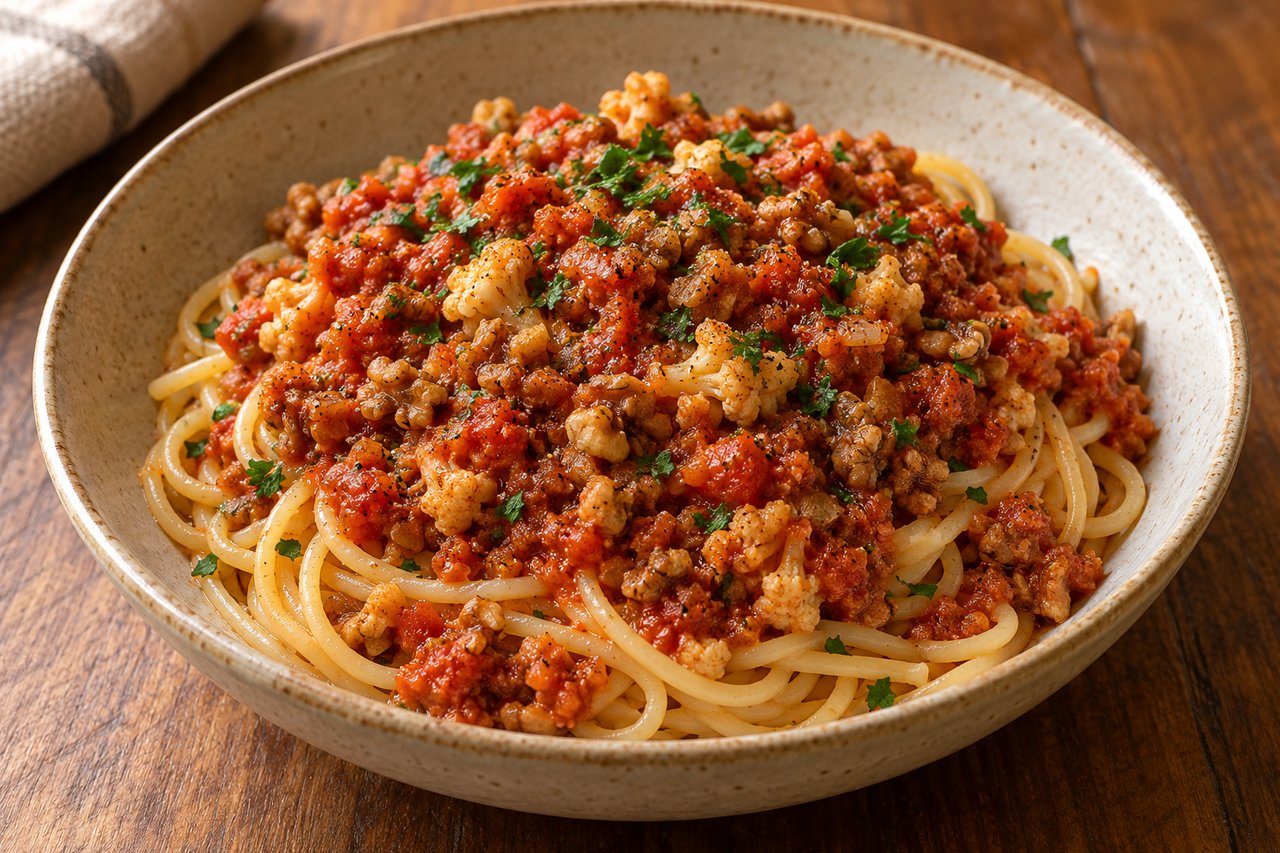Spaghetti con sugo rosso a pezzi di cavolfiore arrostito e noci, cosparso di prezzemolo