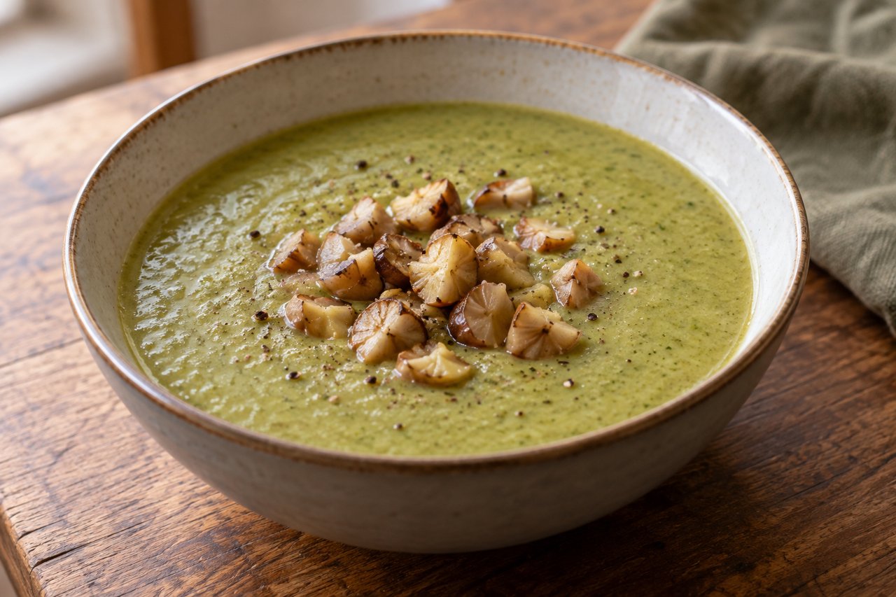 Grüne pürierte Brokkoli-Maronen-Suppe mit kleinen gerösteten Maronenstücken in einer Schale