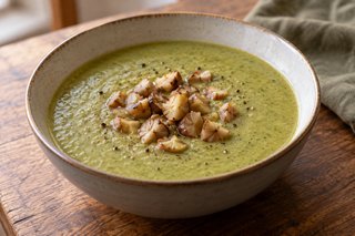 Grüne pürierte Brokkoli-Maronen-Suppe mit kleinen gerösteten Maronenstücken in einer Schale