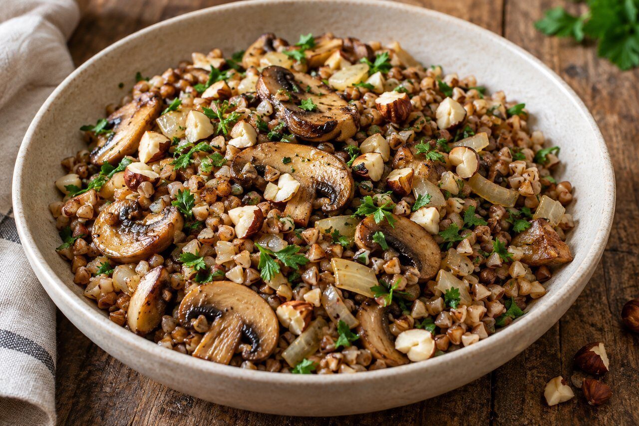 Gegarter Buchweizen mit gebräunten Champignons, Petersilie und gerösteten Haselnüssen in einer Schale