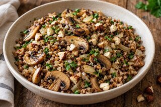 Gegarter Buchweizen mit gebräunten Champignons, Petersilie und gerösteten Haselnüssen in einer Schale