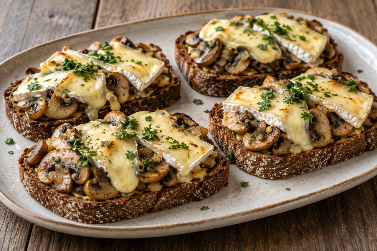 Roggenbrotscheiben mit gebratenen Champignons, geschmolzenen Camembertscheiben und gehackter Petersilie
