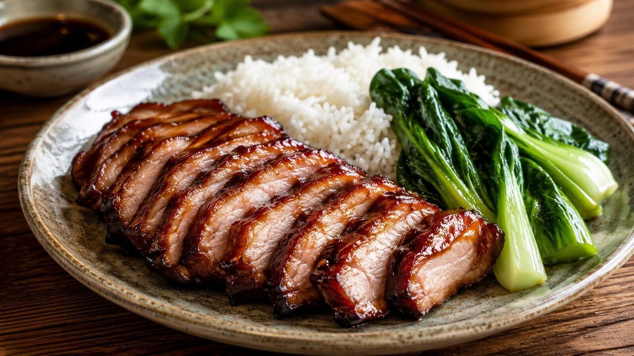 Char Siu Schweinefilet in Scheiben mit glänzender Hoisin-Honig-Glasur, Reis und Pak Choi