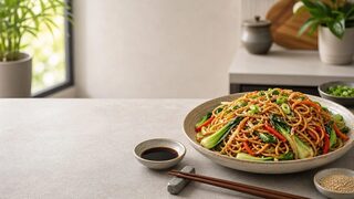 Chow Mein mit gebratenen Nudeln, Paprika, Karotten, Pak Choi, Sesam und Frühlingszwiebeln