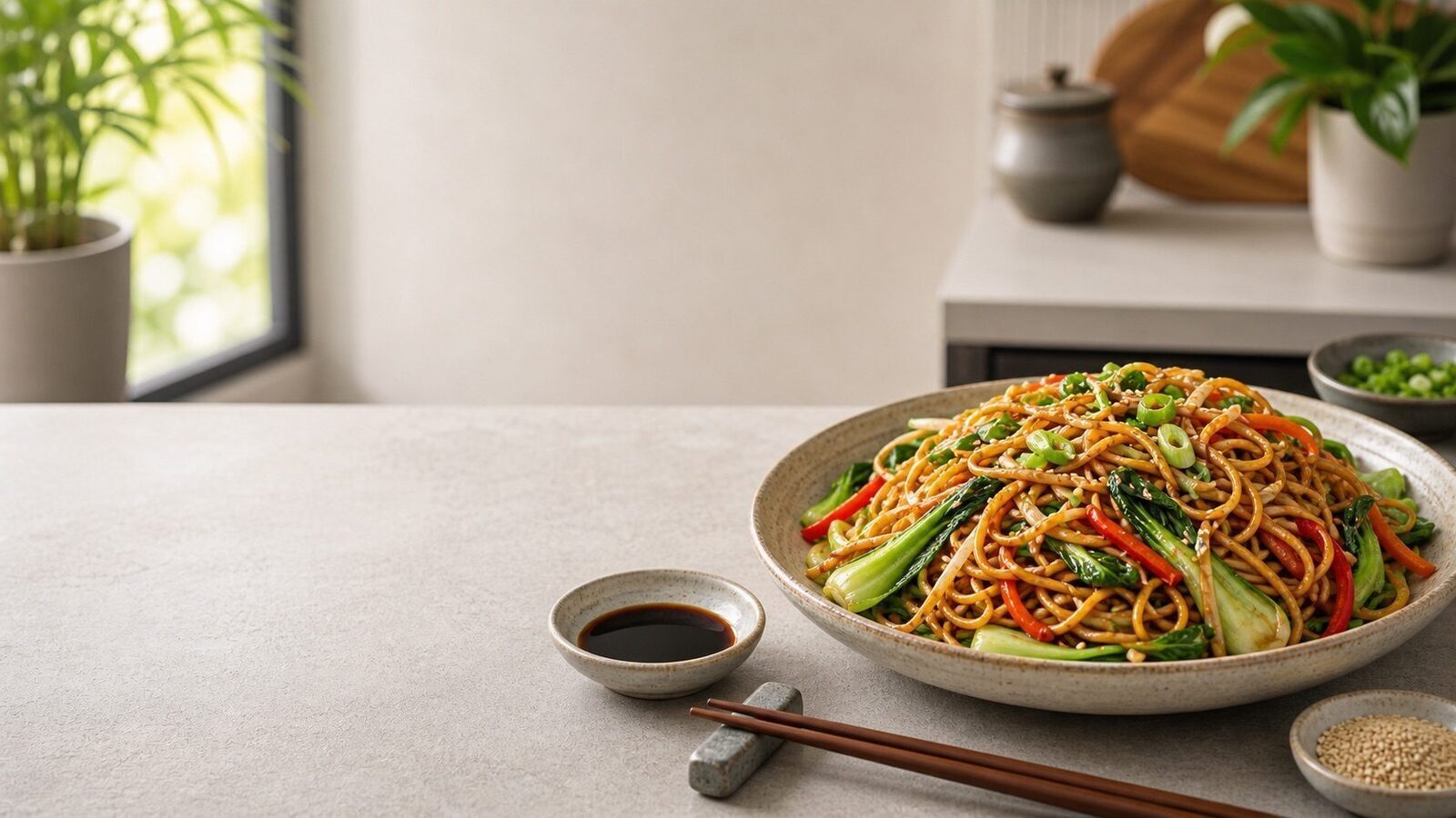 Chow Mein mit Gemüse, gebratenen Nudeln, Sesam und Frühlingszwiebeln