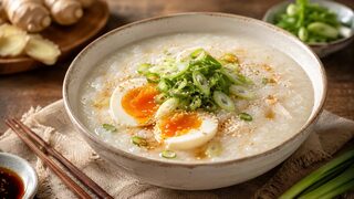 Congee mit Ingwer, Frühlingszwiebeln, weich gekochtem Ei und Sesam in einer Schale