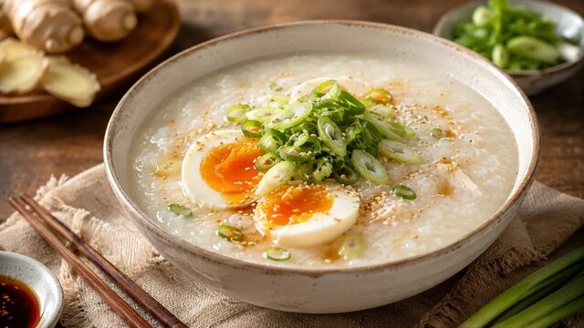 Congee mit Ingwer, Frühlingszwiebeln, weich gekochtem Ei und Sesam in einer Schale