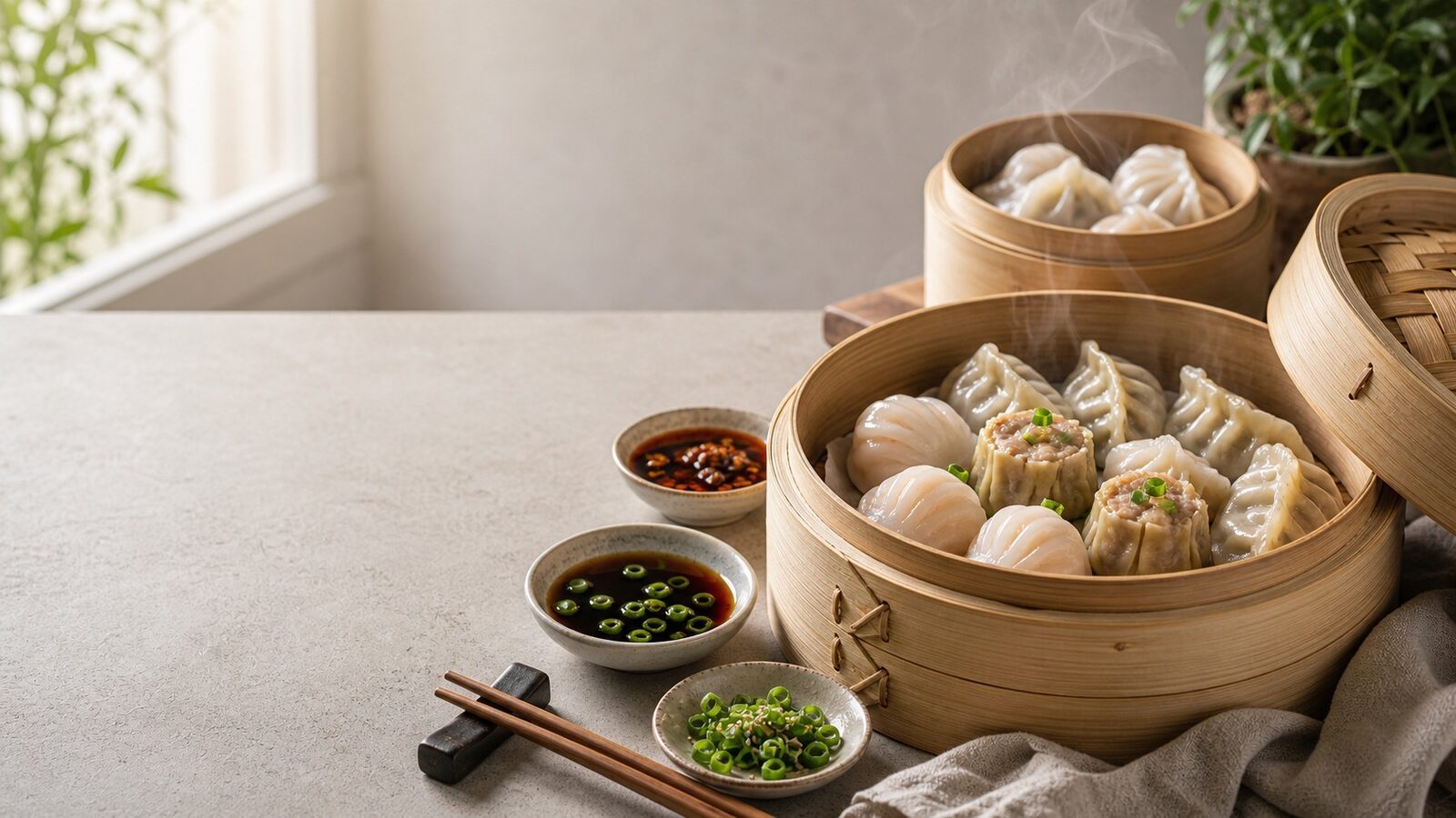 Dim Sum Dumplings im Bambusdämpfer mit Sojasauce, Chiliöl und Frühlingszwiebeln