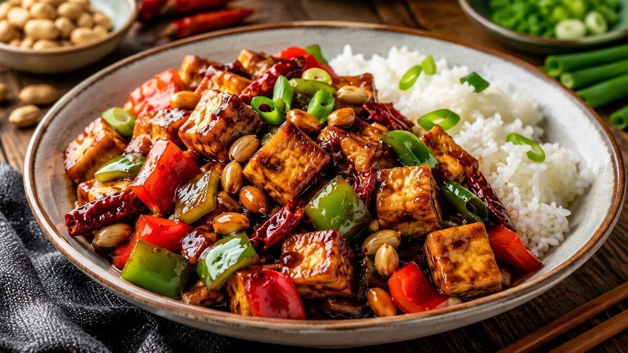 Gong Bao Tofu mit Erdnüssen, Paprika, Frühlingszwiebeln, Chili und Reis