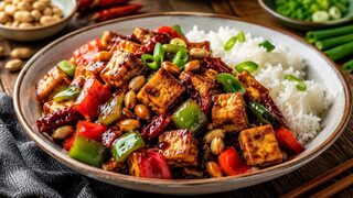 Gong Bao Tofu mit Erdnüssen, Paprika, Frühlingszwiebeln, Chili und Reis