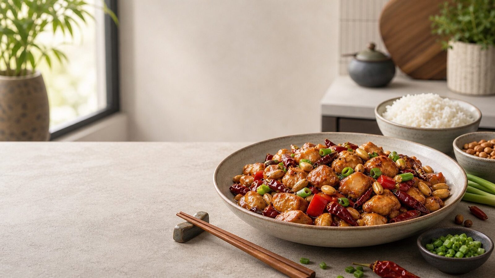Kung Pao Hähnchen mit Erdnüssen, Chili, Gemüse und Reis als chinesisches Gericht
