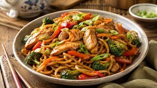 Lo Mein mit Hähnchen, Eiernudeln, Brokkoli, Karotten, Paprika und Frühlingszwiebeln