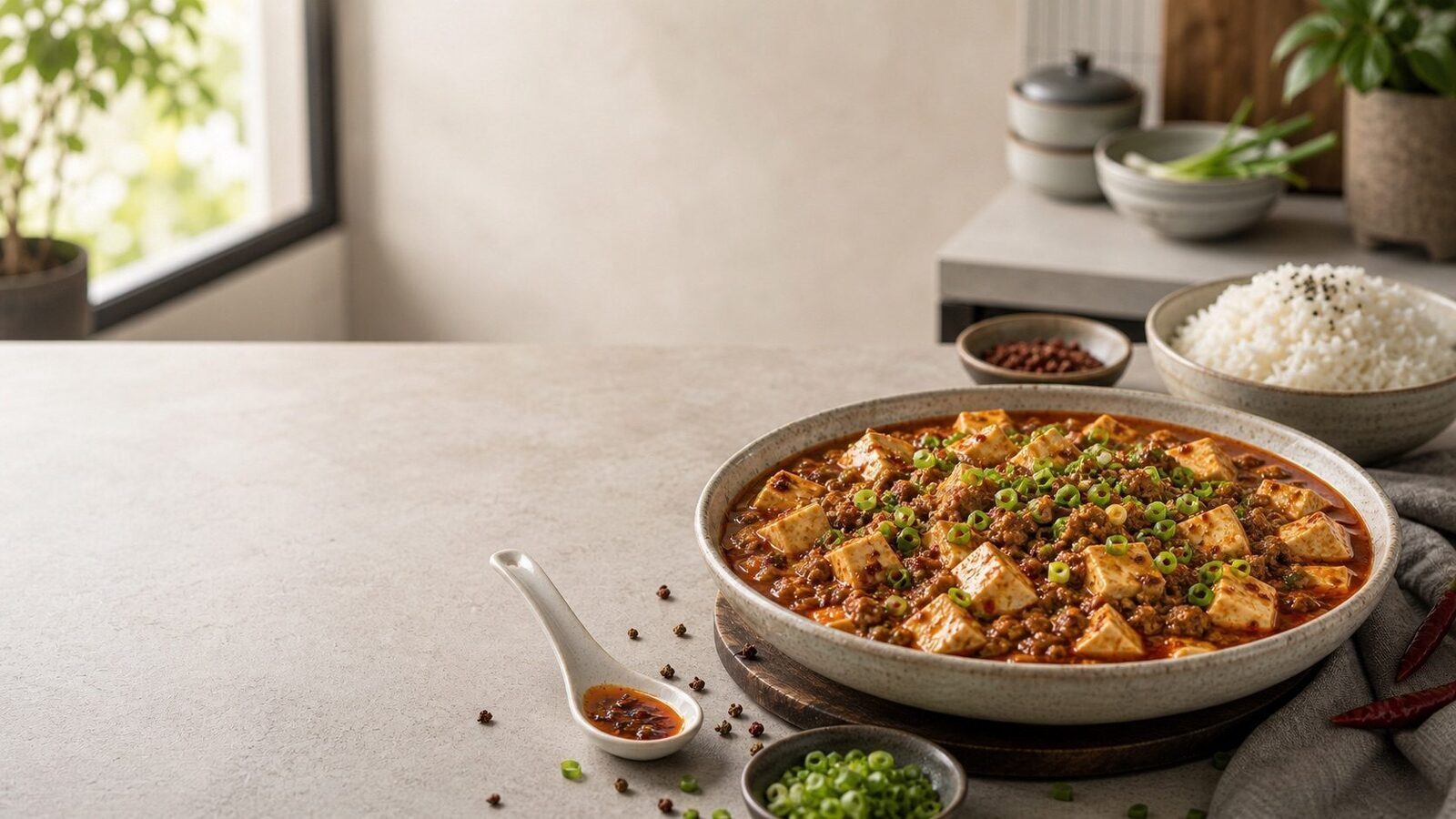 Mapo Tofu mit roter Sichuan-Sauce, Tofuwürfeln, Frühlingszwiebeln und Reis
