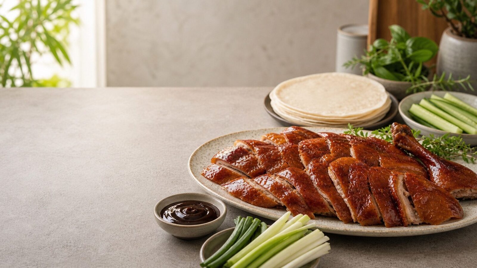 Pekingente mit knuspriger Haut, dünnen Pfannkuchen, Gurke, Frühlingszwiebeln und Sauce