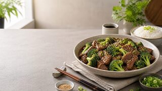 Rindfleisch mit Brokkoli in dunkler Sauce mit Reis, Sesam und Frühlingszwiebeln