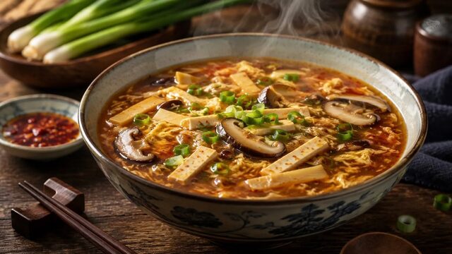 Sauer-scharfe Suppe mit Tofu, Pilzen, Ei, Bambussprossen und Frühlingszwiebeln