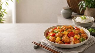 Süß-saures Hähnchen mit Paprika, Ananas, Reis und glänzender roter Sauce