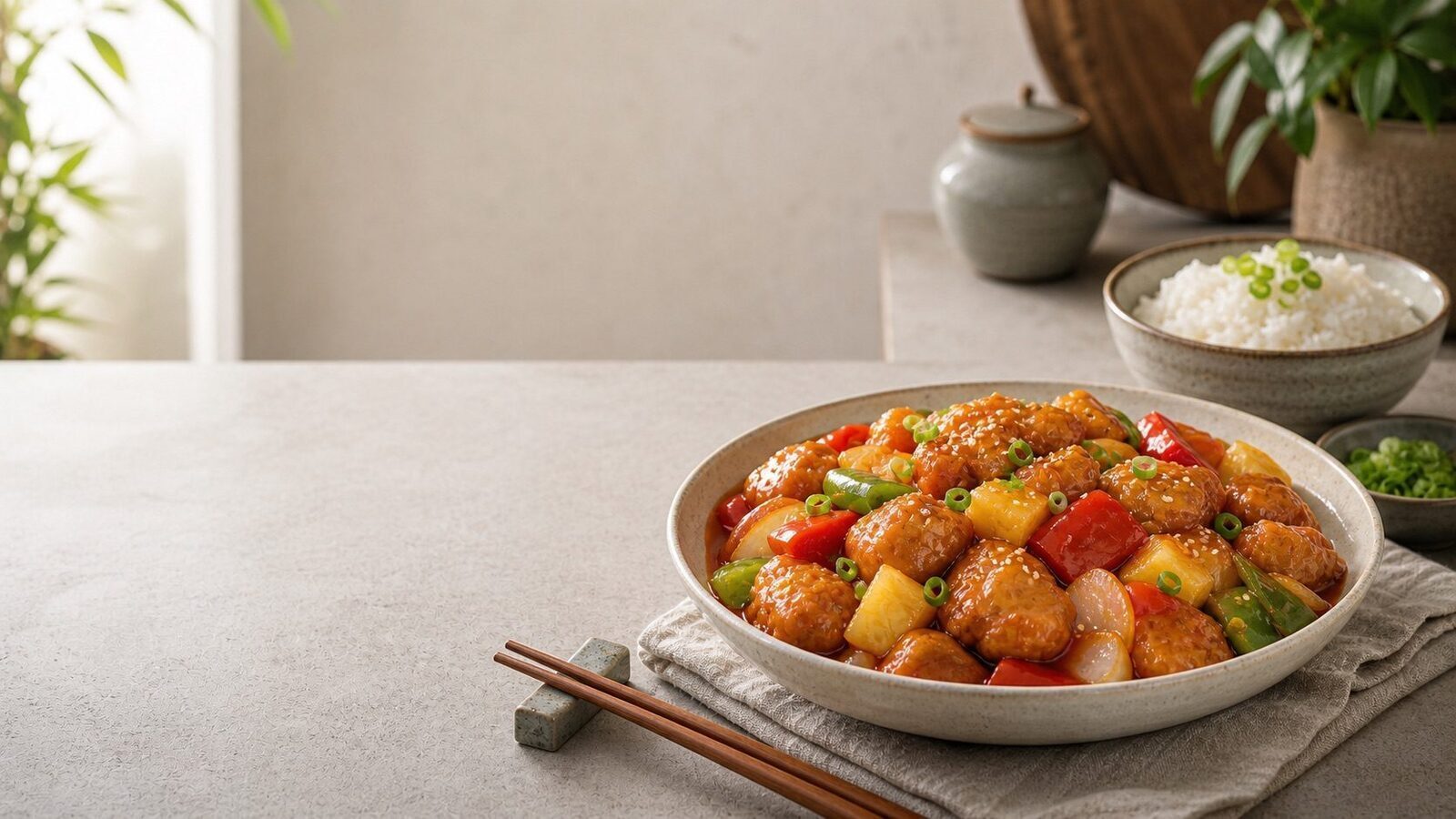 Süß-saures Hähnchen mit Paprika, Ananas, Reis und glänzender Sauce