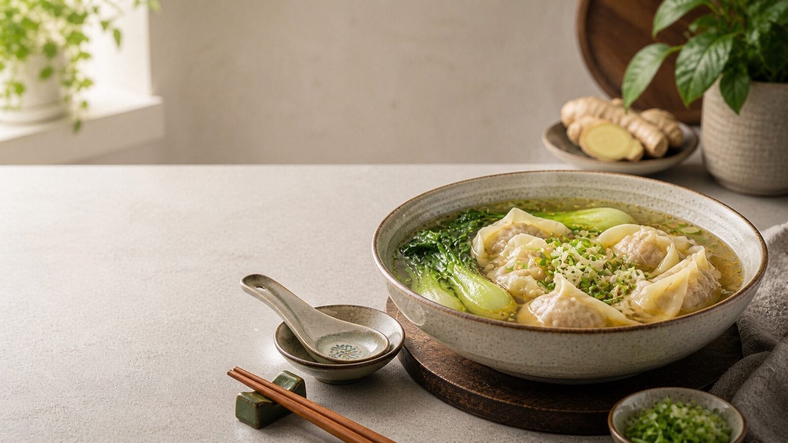Wantan-Suppe mit klarer Brühe, Wantans, Pak Choi und Frühlingszwiebeln