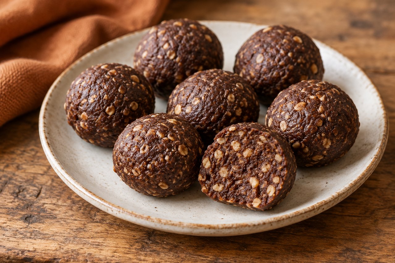 Boules tendres brun foncé aux dattes et noix avec petits morceaux visibles, sans enrobage