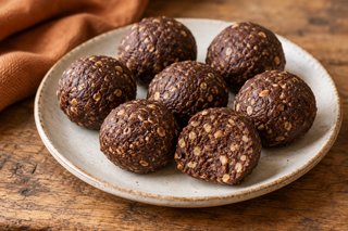 Bolitas tiernas marrón oscuro de dátiles y nueces con pequeños trozos visibles, sin recubrimiento