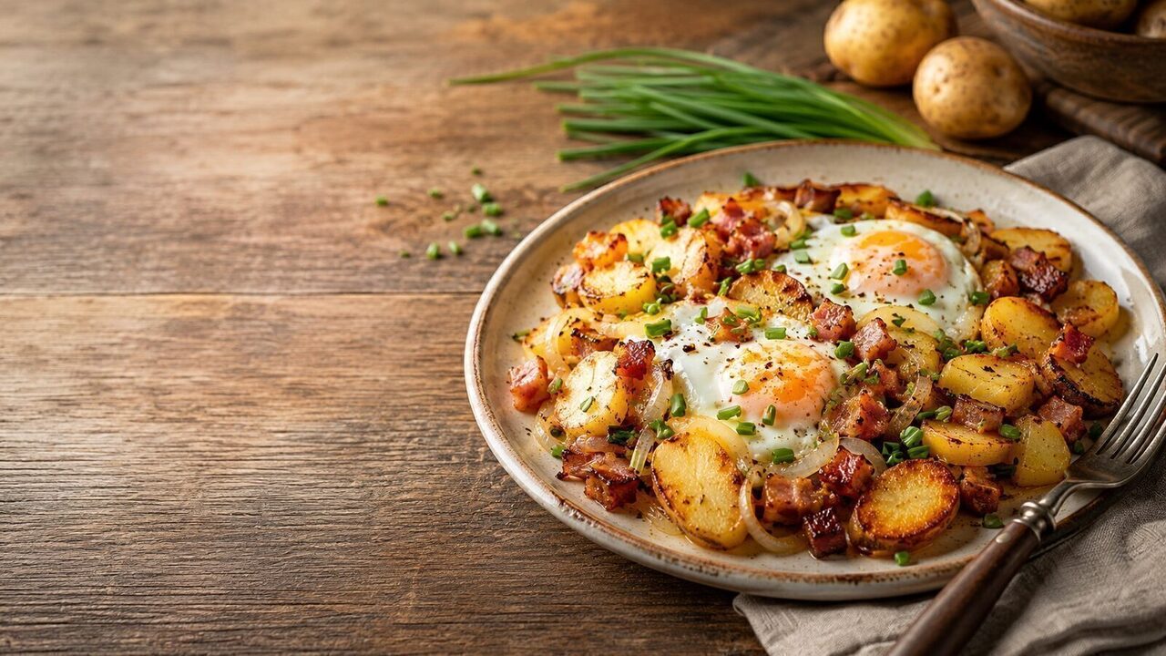 Bauernfrühstück mit Bratkartoffeln hausgemacht serviert