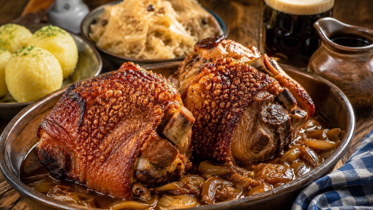 Bayerische Schweinshaxe mit knuspriger Kruste, Dunkelbiersauce und Zwiebeln