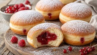 Goldbraune Berliner Pfannkuchen mit roter Konfitürenfüllung und feinem Puderzucker