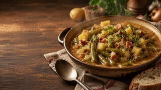 Bohneneintopf mit Speck hausgemacht serviert