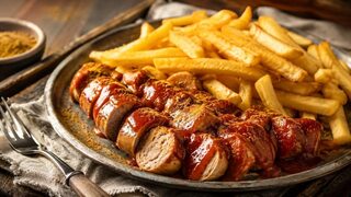 Currywurst mit Pommes hausgemacht serviert