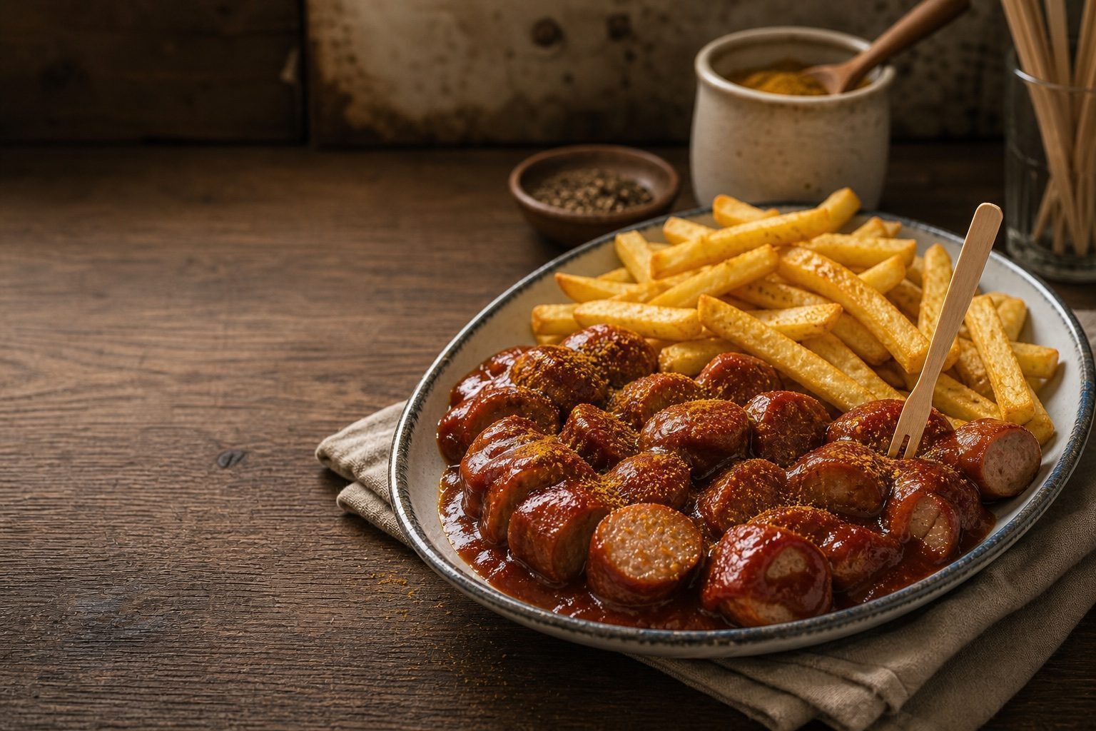 Currywurst mit Pommes als beliebtes Gericht der deutschen Küche