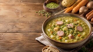 Erbsensuppe mit Würstchen hausgemacht serviert