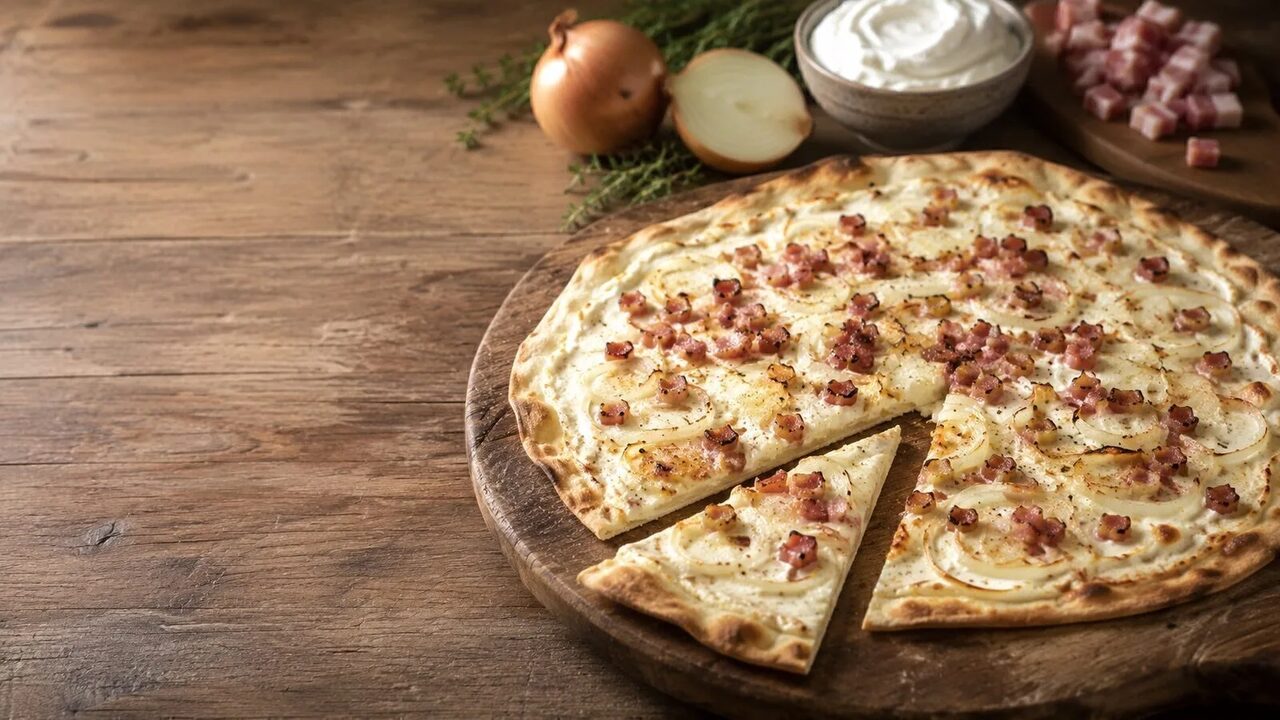 Flammkuchen Elsässer Art hausgemacht serviert