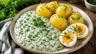 Frankfurter Grüne Soße mit sieben Kräutern, Salzkartoffeln und halbierten gekochten Eiern