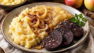 Himmel und Erde mit Kartoffel-Apfel-Stampf, gebratener Blutwurst und goldbraunen Zwiebeln