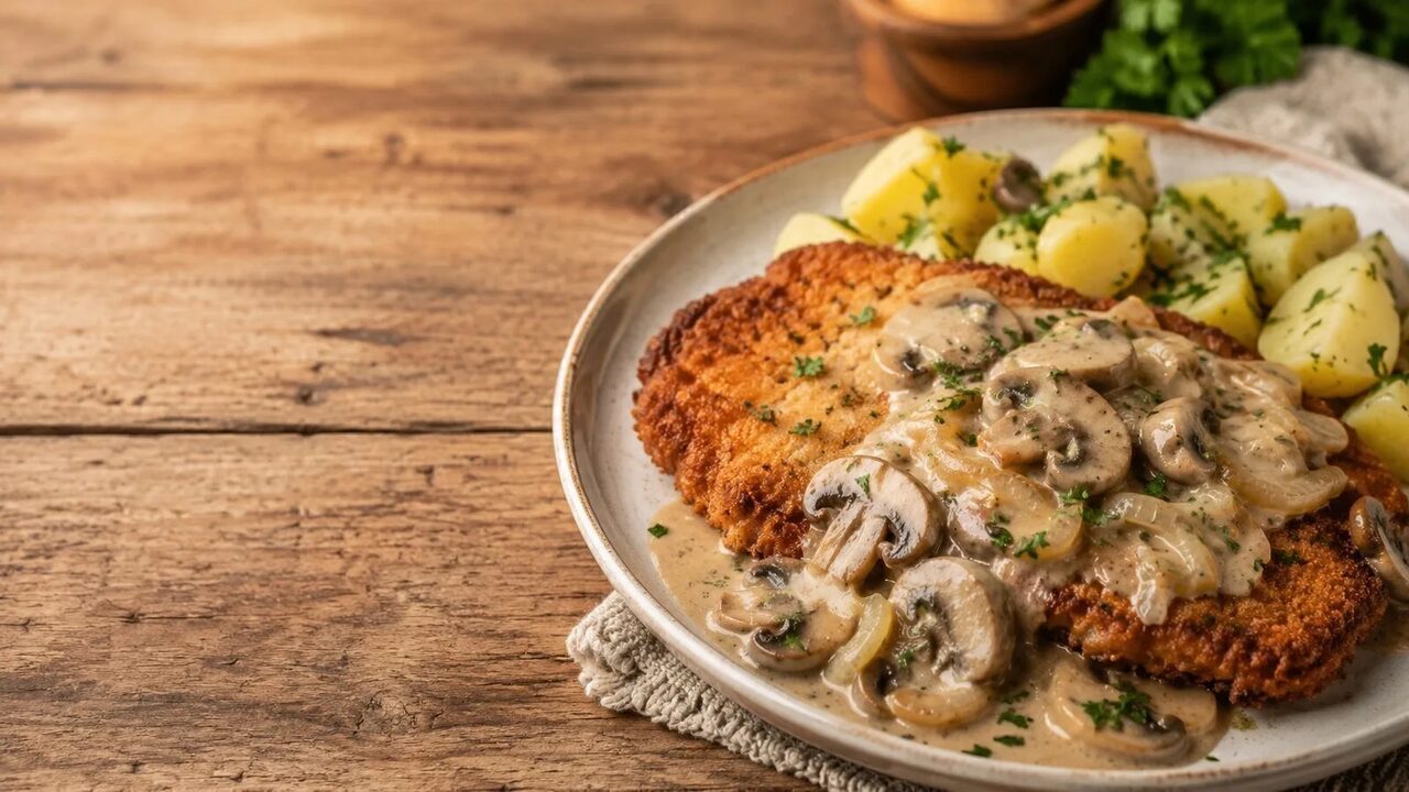 Jägerschnitzel mit Pilzrahm hausgemacht serviert