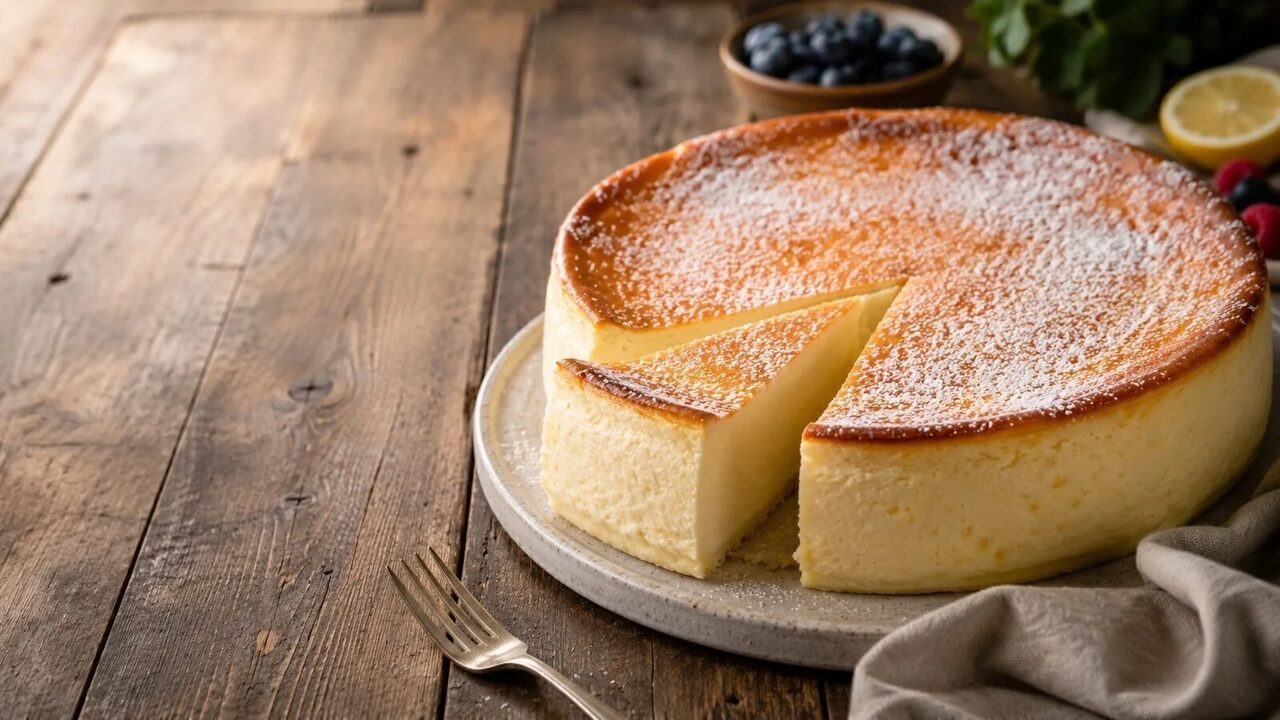Käsekuchen ohne Boden hausgemacht serviert