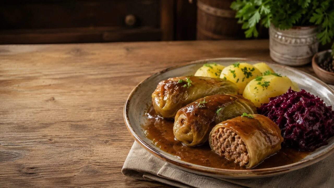 Kohlrouladen mit Hackfleisch hausgemacht serviert