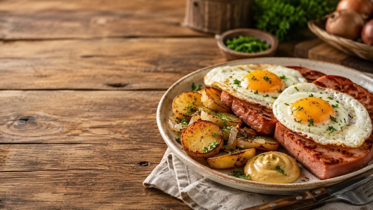 Leberkäse mit Spiegelei hausgemacht serviert