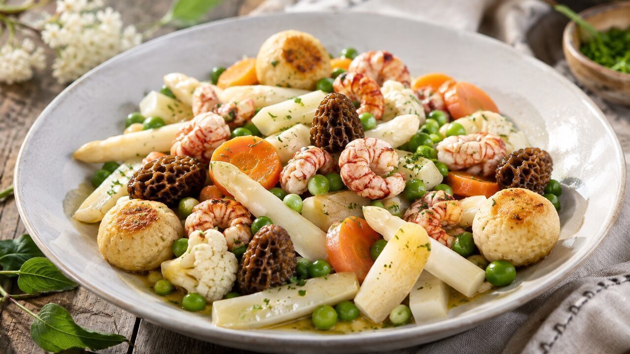 Leipziger Allerlei mit Spargel, Erbsen, Möhren, Blumenkohl, Morcheln und Flusskrebsschwänzen