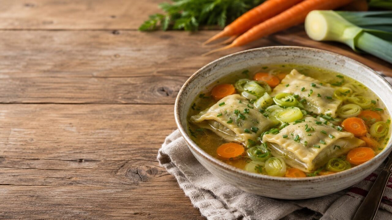 Maultaschen in Brühe hausgemacht serviert